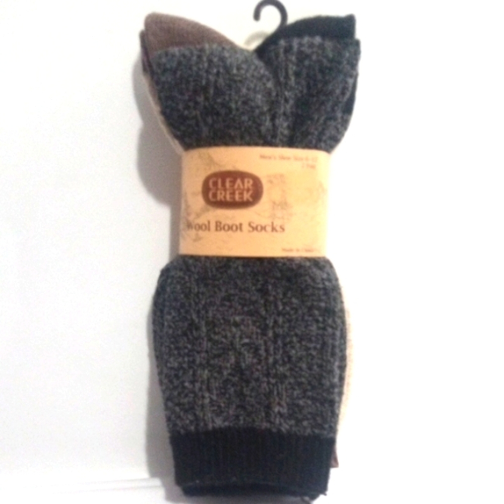 CLEAR CREEK MENS 2-PAIR WOOL BLACK GRAY TAN BROWN BOOT SOCKS SET SIZE 6-12 NWT